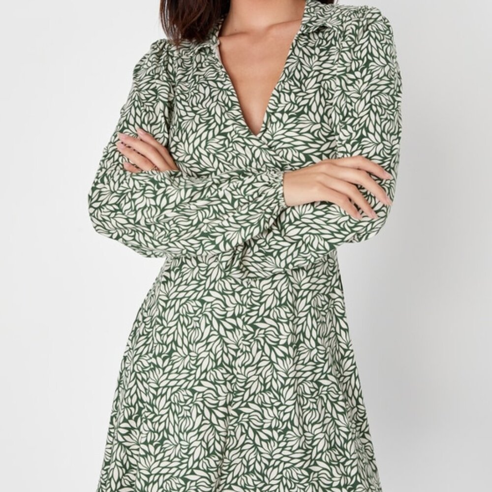Lulus Endlessly Impressive Green Floral Long Sleeve Mini Dress - Size L
